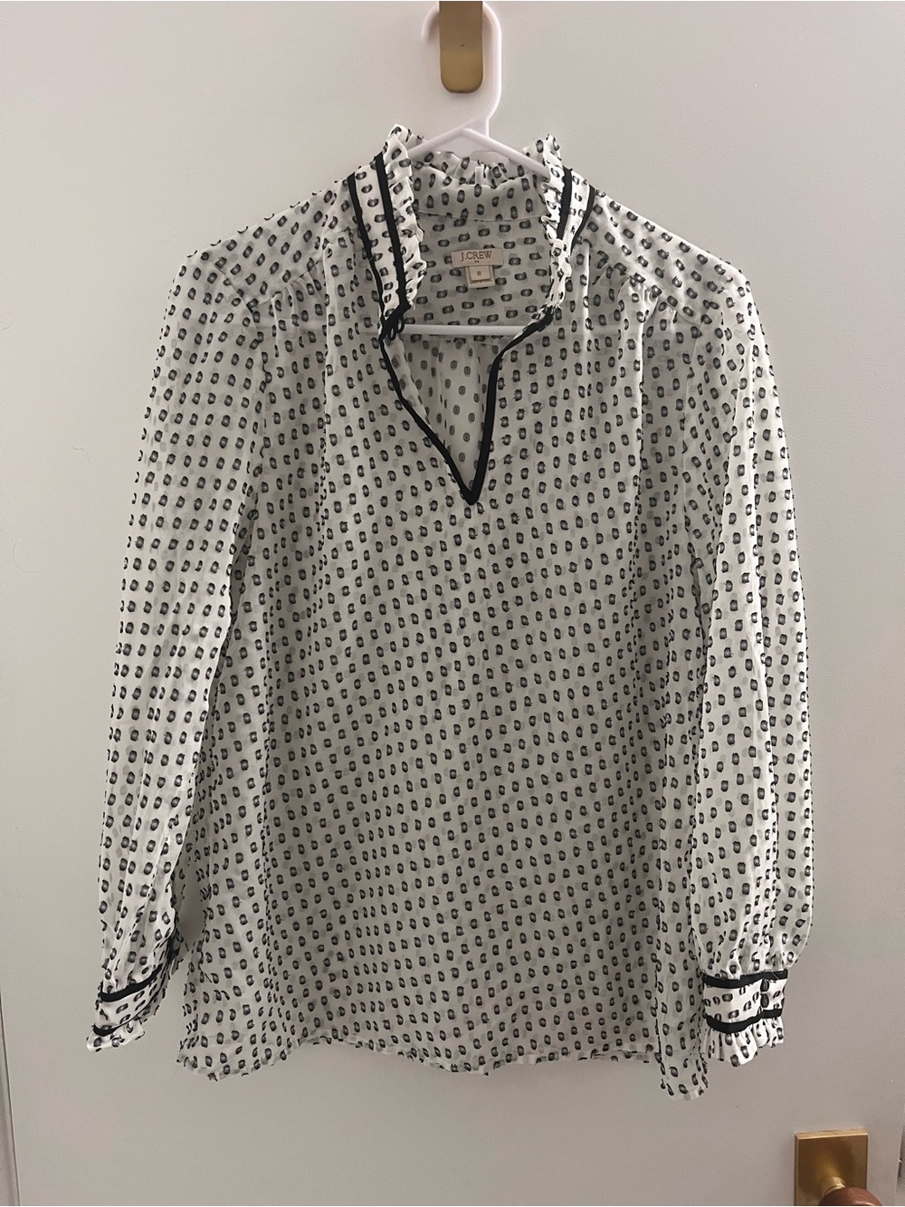 J. Crew White Blouse with Black graphics and Mock Neck Feminine Business Casual